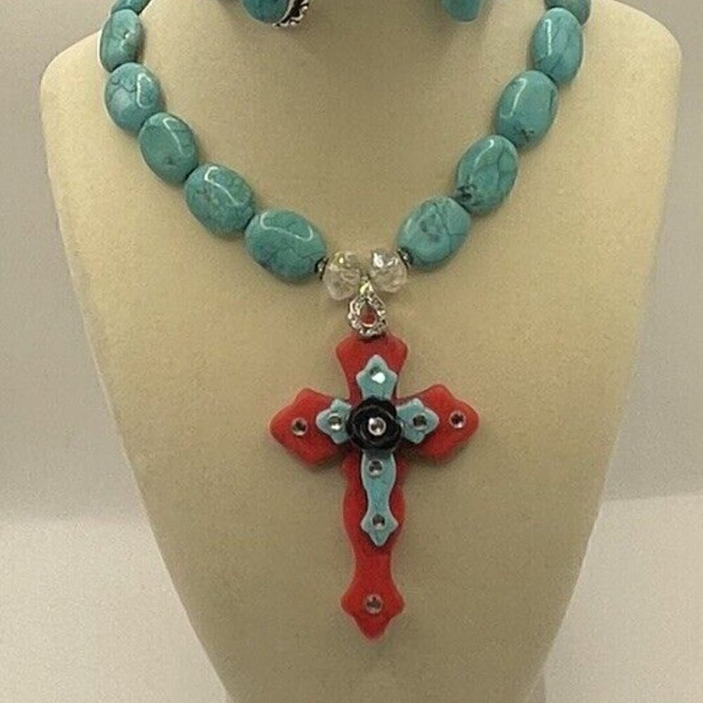 Southwestern Religious Cross Pendant Boho Necklace w/ 925 Silver Earring…